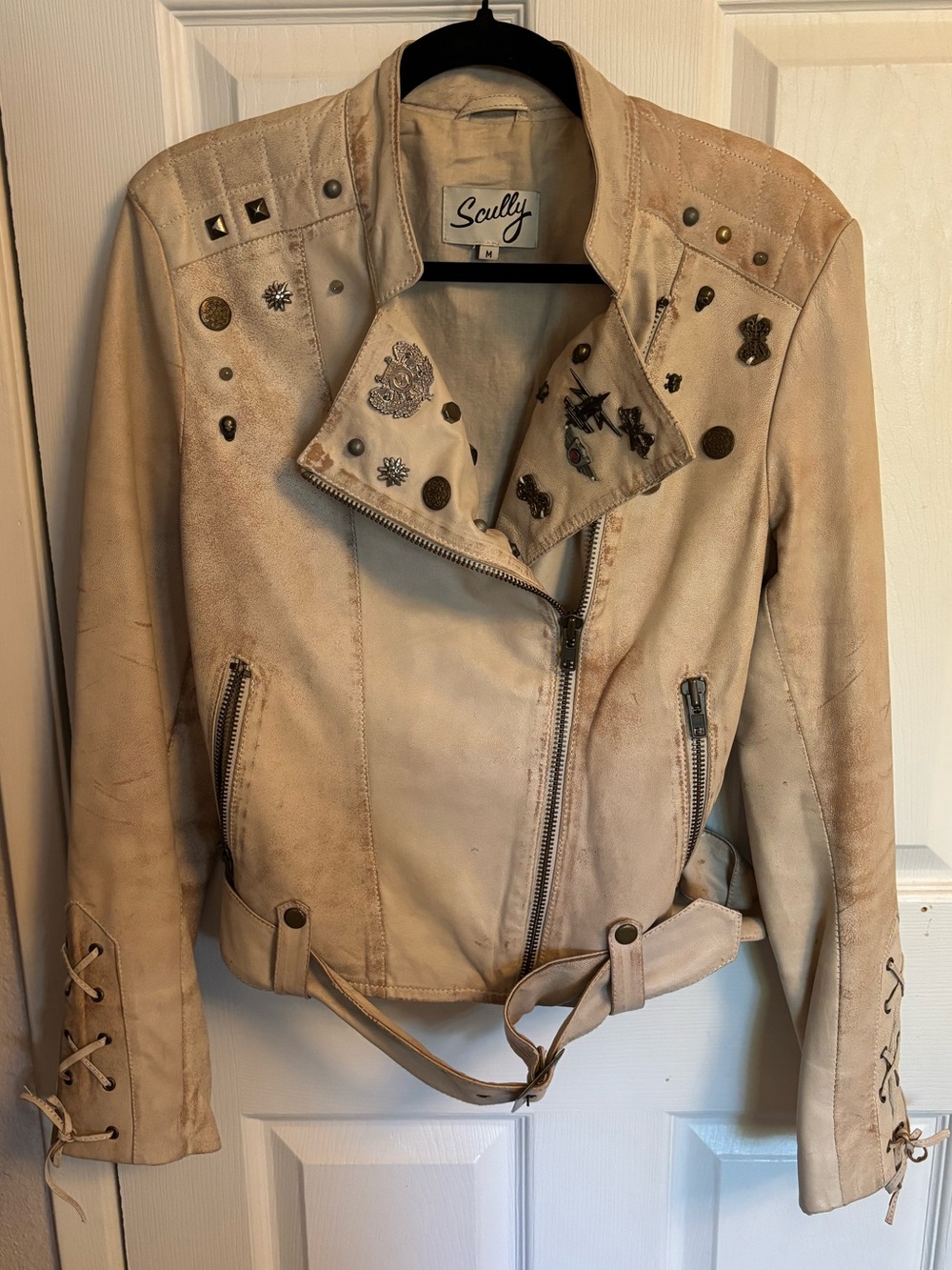 Scully Cream Leather Concho Studded Moto Western Jacket, Size M
